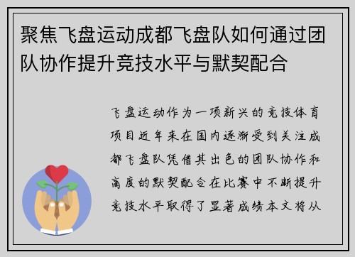 聚焦飞盘运动成都飞盘队如何通过团队协作提升竞技水平与默契配合